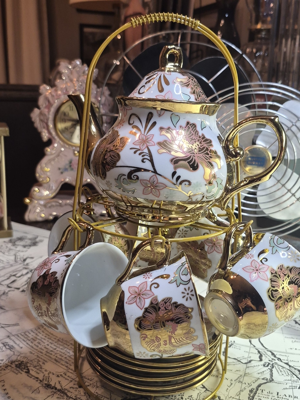 Elegant Gold-Trim Floral Porcelain Teacup and Teapot Set - Pink and White